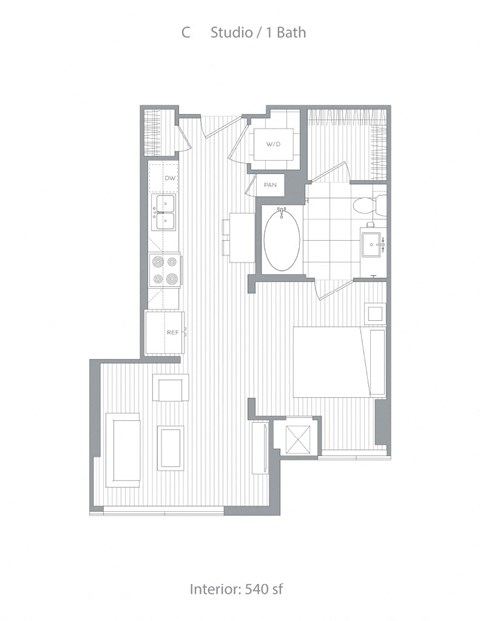 Floor plan for studio, 1 bath, 540 sqft